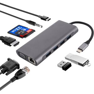 Shoppo Marte 11 in 1 VGA + LAN Port + 4 x USB 3.0 + SD / TF Card + HDMI + Audio Port + USB-C / Type-C Female to USB-C / Type-C HUB Adapter(Dark Gray)