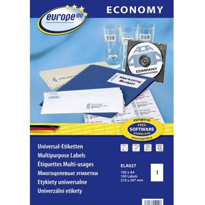 Europe 100 ELA027 210 x 297 mm Papir Hvid 100 stk Permanent Universelle etiketter Bläck, Laser, Kopi