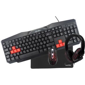 NÖRDIC KIT1, komplet forret gamingkit 4-i-1, tastatur, mus, headset, musemåtte, sort med detaljer i rød