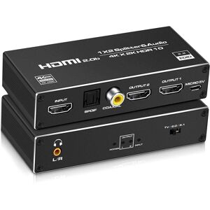 NÖRDIC HDMI splitter 1 til 2 med Audio Extractor 4K60Hz HDCP2.3 HDR10 Toslink SPDIF + Koaksial + 3,5 mm lyd