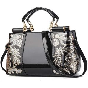 Shoppo Marte Ladies Single Sided Embroidered Shiny Leather Handbag(Black)