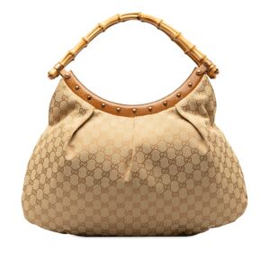 Pre-owned Gucci GG Canvas Bamboo Studded Handbag Brown
