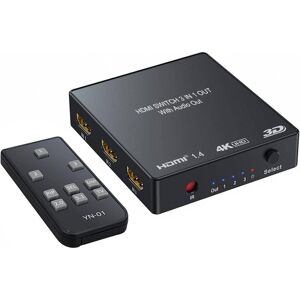 NÖRDIC HDMI Switch med 3xHDMI input og 4K i 1xHDMI 30Hz, 1xToslink digital udgang og 2x analog stereo audio L/R RCA-udgang, infrarød fjernbetjening