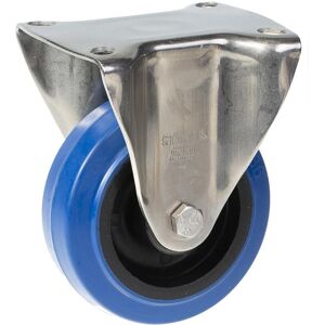 Parnells 100mm stainless steel fixed castor with blue elastic rubber on nylon centre whee