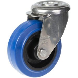 Parnells 100mm stainless steel swivel castor with blue elastic rubber on nylon centre whe