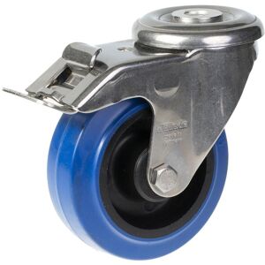 Parnells 100mm stainless steel swivel/brake castor with blue elastic rubber on nylon cent