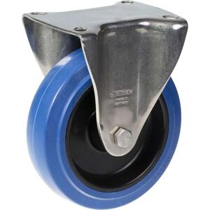 Parnells 125mm stainless steel fixed castor with blue elastic rubber on nylon centre whee