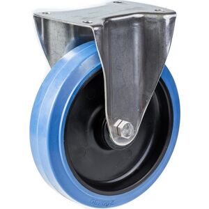 Parnells 200mm stainless steel fixed castor with blue elastic rubber on nylon centre whee