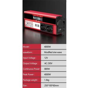 SupplySwap Strøm Inverter, 4000W Output, 4 USB EU Stik Opladning, 12V 220V 4000W