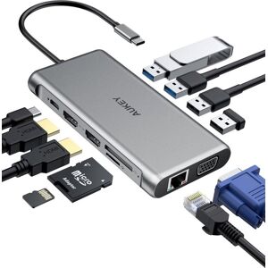 AUKEY CB-C78 interface hub 5000 Mbit/s Sort   Aluminium   12i1   RJ45 Ethernet 10/100/1000 Mbps   2xUSB 3.1   2xUSB 2.0   2xHDMI 4k@30Hz   VGA   SD &