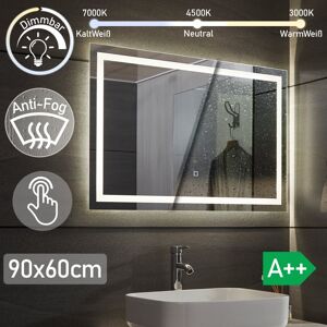 Aquamarin - LED Badeværelsesspejl - Anti-Log Funktion - Touch Sensor - 3 LED Farver - Hvid - 90 x 60 cm