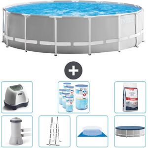 Intex Round Prisme Ramme Svømmebassin - 457 x 122 cm - Grå - Inklusiv pumpe - Stige - Jorddæksel - Dæksel Saltvandssystem - Filtre - Pool salt Inklus