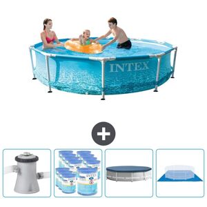 Intex swimmingpool med rund ramme - 305 x 76 cm - Vandprint - Inklusiv pumpe Filtre - Dække over - Grundlag Inklusive Tilbehør CB88