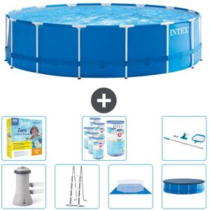 Intex Round Frame Swimming Pool - 457 x 122 cm - Blå - Inklusiv pumpe - Stige - Groundsheet - Cover Vedligeholdelsespakke - Filtre - Rengøringssæt In