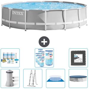 Intex Round Prisme Ramme Svømmebassin - 427 x 107 cm - Grå - Inklusiv pumpe - Stige - Grundlag - Cover Vedligeholdelsespakke - Filtre - Gulvfliser In