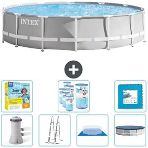 Intex Round Prisme Ramme Svømmebassin - 427 x 107 cm - Grå - Inklusiv pumpe - Stige - Grundlag - Cover Vedligeholdelsespakke - Filtre - Gulvfliser In