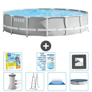 Intex Round Prisme Ramme Svømmebassin - 457 x 107 cm - Grå - Inklusiv pumpe - Stige - Grundlag - Cover Vedligeholdelsespakke - Filtre - Gulvfliser In