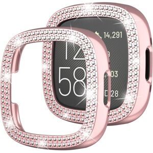 Shoppo Marte For Fitbit Versa 4 Double-Row Diamond Solid Color Electroplating Hollowed Watch Case(Pink)