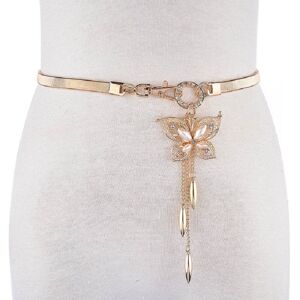 My Store Women Thin Belt Metal Rhinestone Decorative Waist Chain, Length:75cm, Style:Four Pearls Pendant