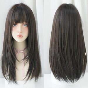 shopnbutik Ladies Long Straight Hair Air Bangs Wig Hair Set, Colour: Black Brown