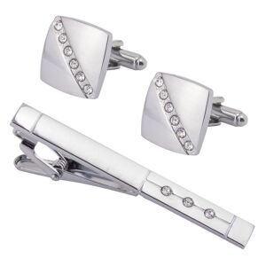 Plain Diamond Shiny Brushed Cufflinks Tie Clip Set(Silver)