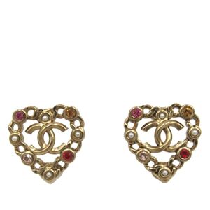 Pre-owned Chanel Pearl Crystal CC Heart Earrings Gold