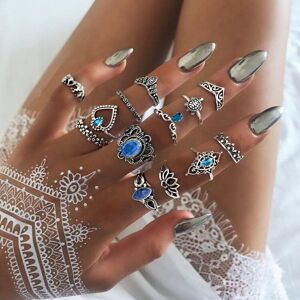 shopnbutik 13pcs/set Vintage Diamond Engraved Crown Star Gemstone Ring(Silver SKU0737)