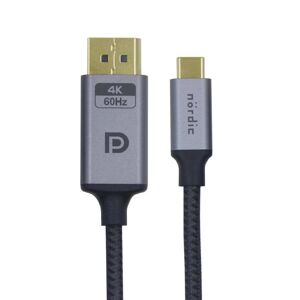 NÖRDIC 2m USBC til DisplayPort-kabel UHD 4K 60Hz DP 1.2 21,6Gbps HDCP Alt tilstand via USB C Aluminium kontakter Space Grey