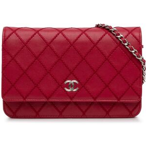 Pre-owned Chanel CC Lambskin Wild Stitch Wallet on Chain Red