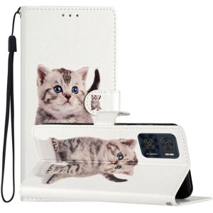 My Store For Motorola Moto E22 Colored Drawing Leather Phone Case(Little Tabby Cat)