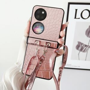 My Store For Huawei P50 Pocket Crocodile Pattern Glitter Powder Shockproof Phone Case with Lanyard and Ring Holder(Rose Gold)