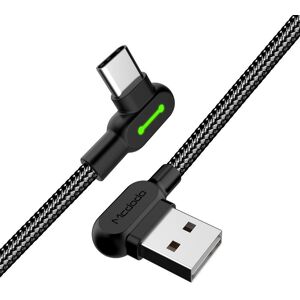 Mcdodo CA 5283 Vinklet USB C til vinklet USB A kabel til synkronisering og hurtig opladning LED sort 3m