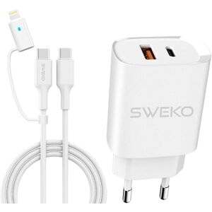 Adapter 30W USB-C & USB-A & 2 i 1 Lightning eller USB-C 2m HVID til iPhone • Samsung • Huawei • Android SWEKO