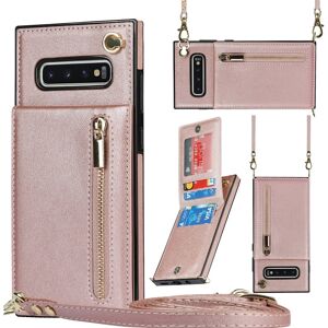 shopseez Samsung Galaxy S10 Cross-body lynlås firkantet TPU + PU bagcover med holder og kortspor og tegnebog og rem (rosaguld)