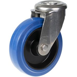 Parnells 125mm stainless steel swivel castor with blue elastic rubber on nylon centre whe