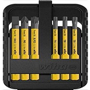 Wiha Bit Set Power slimBit til elektrikere (44106), gule bits til speedE, lange og tynde bits, slidsede/Phillips/Plusminus/Torx, 6 stk. i æske