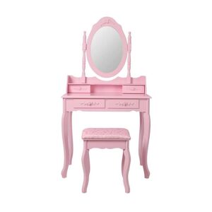 ECD-Germany ML Design Dressing Table Pink, toiletbord med spejl, stol og 4 skuffer, 75x140x40 cm, landhus stil, kosmetikbord til kvinder og piger