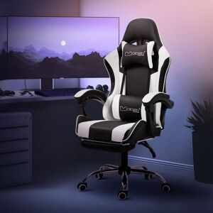 ECD-Germany ML-Design Massage Gaming Stol; Sort-Hvid; PU-læder; Ergonomisk Kontorstol; Justerbar Drejestol; Racing Gamer Stol med Armlæn; Nakkestøtte; Lændepude;