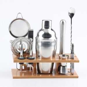 shopnbutik 11 in 1 Stainless Steel Cocktail Shaker Tools Set with Wooden Mount, Capacity: 750ml