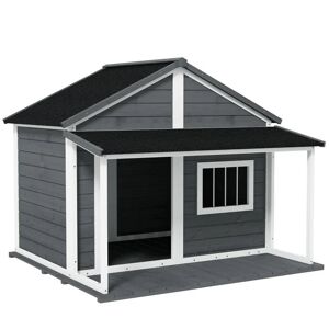 Rootz Living Rootz Hundehus - Udendørs hundekennel med veranda - Vejrbestandig - Grantræ - Grå + Hvid - 124 cm x 112 cm x 105 cm
