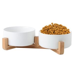 Shoppo Marte 13cm/400ml Cat Bowl Dog Pot Pet Ceramic Bowl, Style:Double Bowl With Wooden Stand(White)