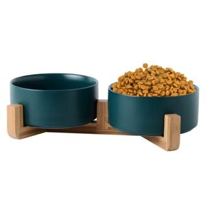 Shoppo Marte 13cm/400ml Cat Bowl Dog Pot Pet Ceramic Bowl, Style:Double Bowl With Wooden Stand(Green)