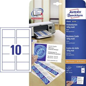 Avery Zweckform C32010-25 Printbare visitkort, microperforeret 85 x 54 mm Hvid 250 stk Papirformat: DIN A4