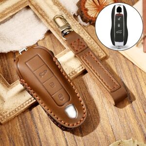 Hallmo Car Cowhide Leather Key Protective Cover Key Case for Porsche Macan 718 2021 A Style(Brown)