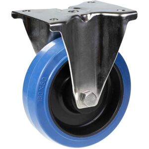 Parnells 160mm stainless steel fixed castor with blue elastic rubber on nylon centre whee