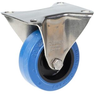 Parnells 80mm stainless steel fixed castor with blue elastic rubber on nylon centre wheel