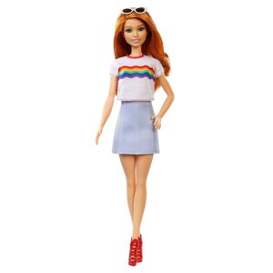 Barbie Fashionistas Doll with Long Red Hair Wearing Rainbow Graphic T-Shirt, Denim Skirt