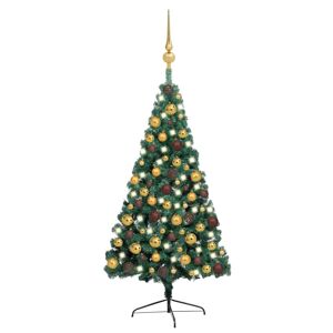 vidaXL kunstigt halvt juletræ med LED og julekuglesæt 150 cm grøn