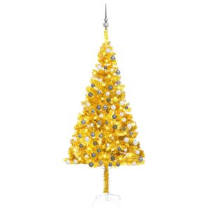 vidaXL kunstigt juletræ med LED-lys og kuglesæt 180 cm PET guldfarvet