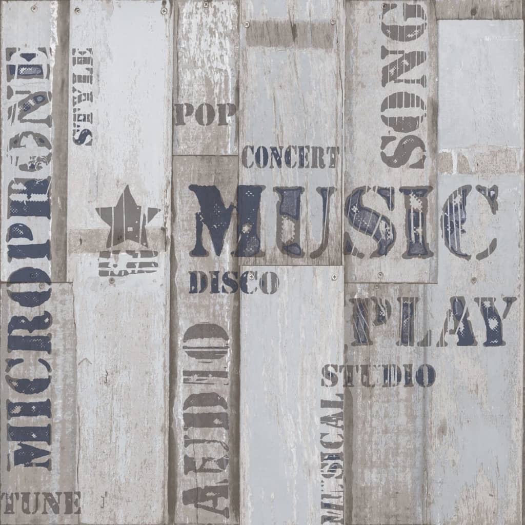 Urban Friends & Coffee tapet træplanker med ord blå og grå Urban Friends & Coffee tapet træplanker med ord blå og grå